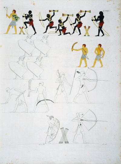 Militära scener, soldater med bågar och pilar, från Beni Hasans gravar, tavla CXVIII, från monument i Egypten och Nubien: civila monument av Ippolito Rosellini
