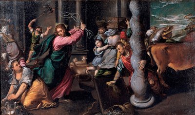 Le Christ chassant les marchands du temple - Kristus driver pengarlångivare från templet - Målning av Ippolito Scarsellino (Scarsella) (1551-1620), Olja på duk 1580-1585 (68x116 cm) - Musei Capitolini, Rom av Ippolito Scarcella