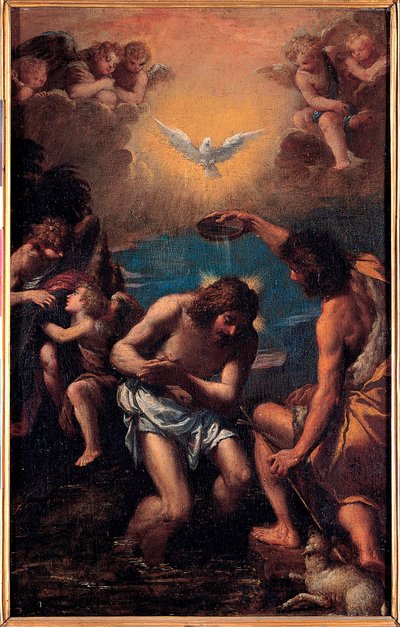 Kristi dop - Johannes Döparen döper Jesus Kristus med Jordans vatten med, ovanför dem, den helige Andes duva (Helige Ande) - Kristi dop - Målning av Ippolito Scarsellino (Scarsella) (1551-1620) ), Olja på trä 1585- av Ippolito Scarcella