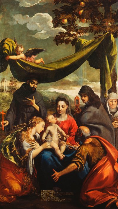 Madonnan och barnet med de heliga Maria Magdalena, Peter, Clare och Franciskus och ett porträtt av abbedissan av Ippolito Scarsella