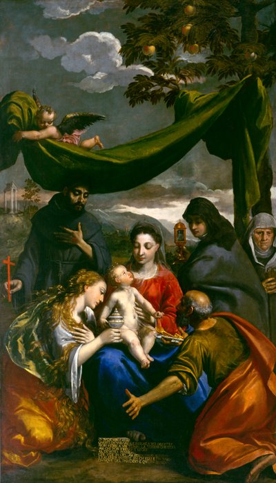 Jungfru och barn med de heliga Maria Magdalena, Peter, Klara, Franciskus och en abbedissa, ca 1600 av Ippolito Scarsella