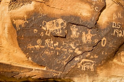 En petroglyf på ett stenblock med en bisonoxe och en annan dräktig bisonoxe vid Willow Bend den..., 2005 (foto) av Ira Block