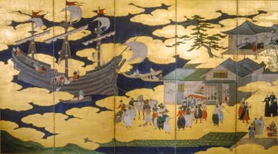 Samurajer- Fällbar skärm av Namban Byobus- Södra barbarerna- Ett portugisiskt fartyg i en japansk hamn..., 2005 (foto) av Ira Block