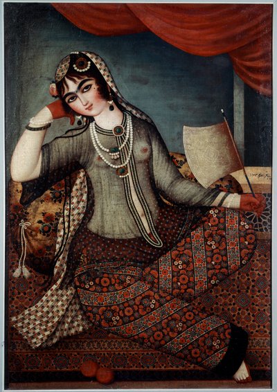 Iransk konst: "" Girl at the Fan"" Målning av Shiraz School av Iranian School