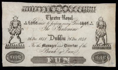 Annons för en pantomim på Theatre Royal, Dublin, baserad på en Bank of Ireland-sedel av Irish School