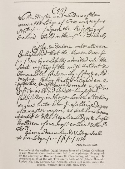 Det tidigaste kända certifikatet (irländskt) med ett sigill från Grand Lodge, 1762 av Irish School