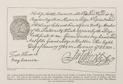 Faksimil av det tidigaste kända certifikatet utfärdat under Seal of the Grand Lodge of Ireland, daterat 1762 av Irish School