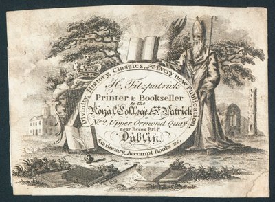 H Fitzpatrick, tryckare och bokhandlare till Royal College of Saint Patrick, handelskort av Irish School
