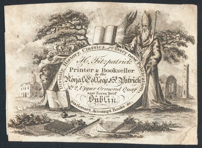 H Fitzpatrick, tryckare och bokhandlare till Royal College of Saint Patrick, handelskort (gravyr) av Irish School