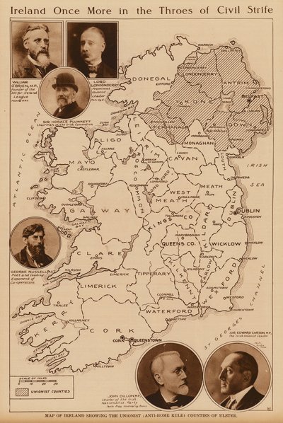 Karta över Irland som visar de unionistiska grevskapen i Ulster (litografi) av Irish School