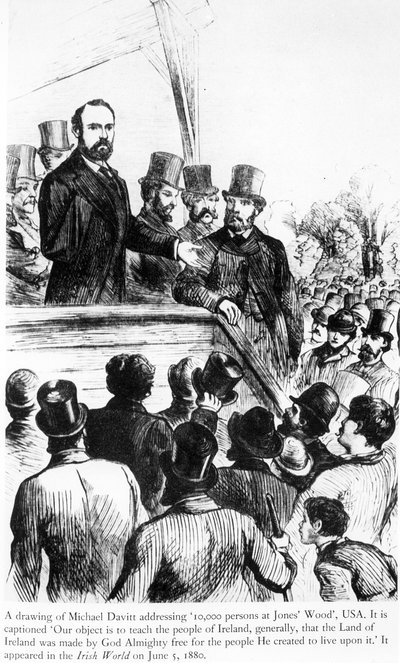 Michael Davitt talar till 100 000 personer i Jones Wood, USA, från Irish World, 5 juni 1880 av Irish School