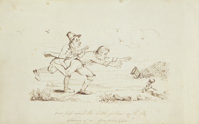 Over Pop Went the Little Fellow with the Spring of a Grasshopper, bokillustration som visar Two Irishmen Chasing a Leprechaun, 1800-talet (penna och bläck på papper) av Irish School