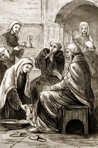 St. Brigit underhållande en biskop, från The Trias Thaumaturga, eller Three Wonder-Working Saints of Ireland, av Mary Cusack (1829-99) publicerad ca 1890-talet av Irish School