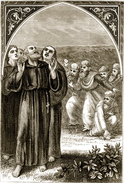 St. Columba skanderar och attackeras av druiderna, från The Trias Thaumaturga, eller Three Wonder-Working Saints of Ireland, av Mary Cusack (1829-99) publicerad ca 1890-talet av Irish School