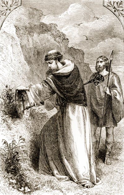 St. Patrick som markerar Connals sköld med korset, från The Trias Thuamaturga, eller Three Wonder-Working Saints of Ireland, av Mary Cusack (1829-99) publicerad ca 1890-talet av Irish School