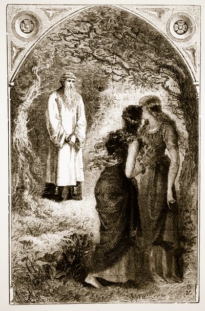St. Patrick möttes av jungfrur i skogen i Fochlut, från The Trias Thaumaturga, eller Three Wonder-Working Saints of Ireland, av Mary Cusack (1829-99) publicerad ca 1890-talet av Irish School
