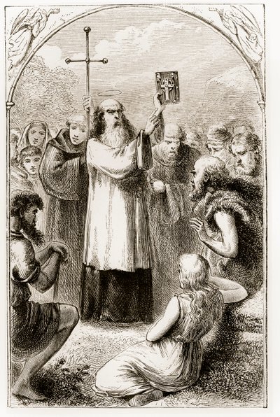St. Patrick som visar folket i Irland de fyra evangelierna, från The Trias Thaumaturga, eller Three Wonder-Working Saints of Ireland, av Mary Cusack (1829-99) publicerad ca 1890-talet av Irish School