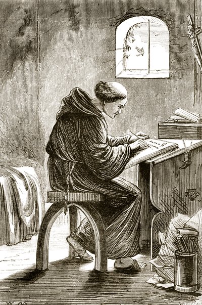 St. Vincent skriver i sin cell i Ferins, från The Trias Thaumaturga, eller Three Wonder-Working Saints of Ireland, av Mary Cusack (1829-99) publicerad ca 1890-talet av Irish School