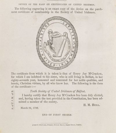Sigillet för Society of United Irishmen i Belfast, ca 1792 (gravyr) av Irish School