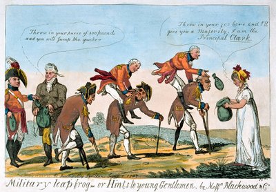 "Militär språnggroda, eller tips till unga herrar" av Isaac (after) Cruikshank
