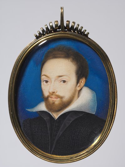 Porträtt av en man, ca 1615 (akvarell på kort i en senare förgylld ram) av Isaac (after) Oliver