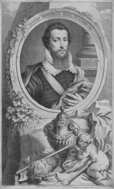 Robert Devereux, 2nd Earl of Essex, engelsk soldat och favorit hos drottning Elizabeth I (gravyr) av Isaac (after) Oliver