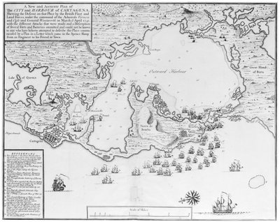 En ny och exakt plan över staden och hamnen i Cartagena, som visar den brittiska flottans och landstyrkornas intåg på denna plats under befäl av amiralerna Vernon och Ogle och general Wentworth i mars och april 1741... av Isaac Basire