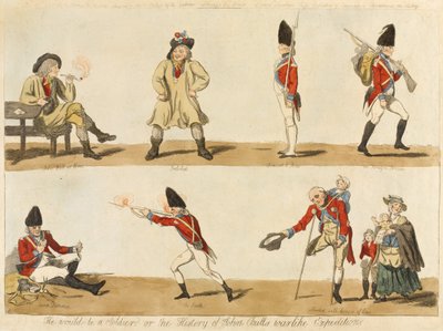 Skulle han bli soldat? eller The History of John Bulls warlike Expedition, 1793 (färgad etsning) av Isaac Cruikshank