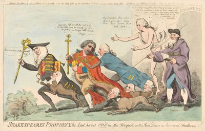 Shakespeares Prophezeiung, der letzte Akt von einem in Der Sturm, oder die Dohle in geliehenen Federn (aus: Karikatur, Bd. 3) av Isaac Cruikshank