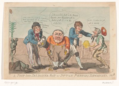 Tecknad film om den bataviska flottans kapitulation i Saldanhabukten, 1796 En titt i Saldanha Bay eller Dutch Perfidy Rewarded (titel på objekt) av Isaac Cruikshank
