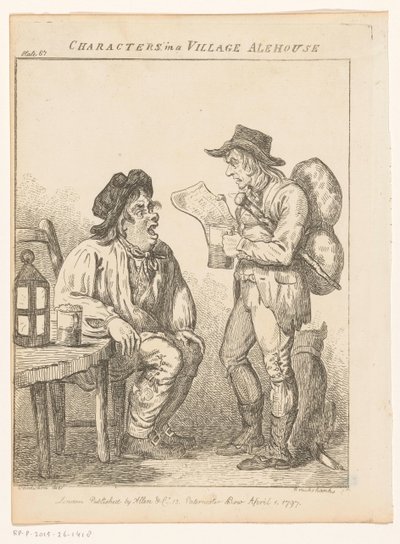 Två män på en bypub i Derbyshire Karaktärer i en bys alehouse (originaltitel) Genrescener från olika delar av England och Wales (serietitel) Excentriska utflykter eller litterära och bildskisser av ansikte, karaktär och av Isaac Cruikshank