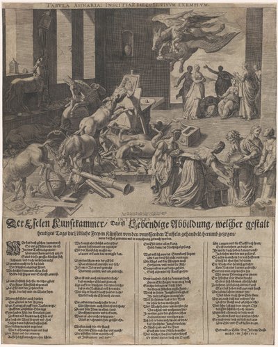 Ezels använder en konstkammare Åsnan Kunstkammer, det vill säga en levande illustration, i vars form idag de lovvärda fria konsterna hanteras, släpade runt av den okunniga buffeln (...) (titel på objekt) av Isaac Duchemin