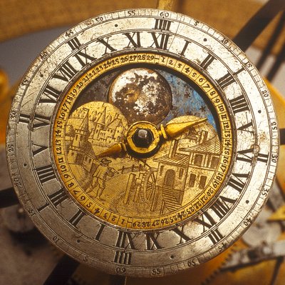 Detalj av urtavla på himmelsk urverksglob av Isaac III Habrecht