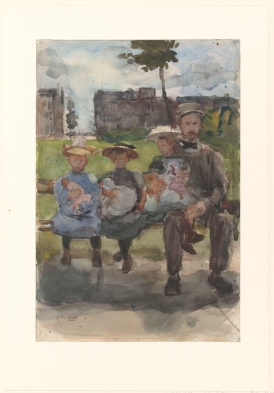 En man med tre flickor på en bänk i Oosterpark i Amsterdam av Isaac Israels
