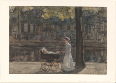 Hembiträde med barnvagn på Keizersgracht av Isaac Israels
