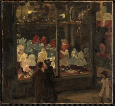 Skyltfönster Vänster skyltfönster med nedsänkt veranda till modelager Bahlmann & Co, Nieuwendijk 202, Amsterdam, på natten av Isaac Israels