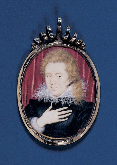 Porträttminiatyr av en ung herre, ca 1615 (akvarell på veläng nedlagt på kort med silverförgylld ram) av Isaac Oliver