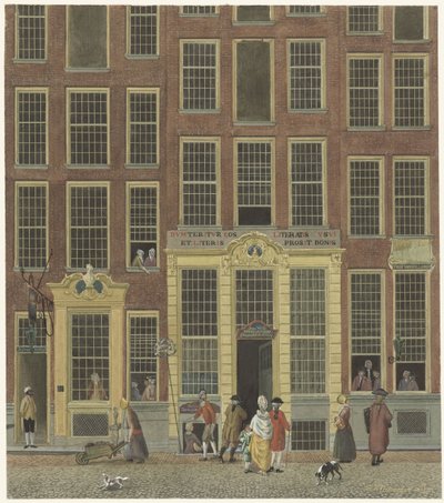Jan de Groots bokhandel och lotterikontor i Kalverstraat i Amsterdam av Isaac Ouwater