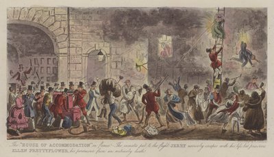 "House of Accommodation" i Flames! (färgad gravyr) av Isaac Robert (after) Cruikshank