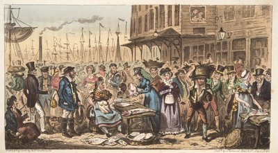 A Frolic in High Life, eller ett besök i Billingsgate, från The English Spy, pub. 1824 (handfärgad gravyr) av Isaac Robert Cruikshank