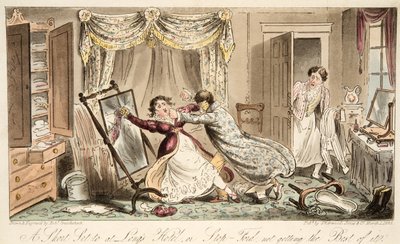 A Short Set till på Longs Hotel eller Stop-Ford får inte det bästa av det, från The English Spy, pub. 1824 (handfärgad gravyr) av Isaac Robert Cruikshank