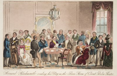 Bernard Blackmantle läser sin pjäs i Green Room på Covent Garden Theatre, från The English Spy, pub. 1824 (handfärgad gravyr) av Isaac Robert Cruikshank