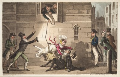Capping a Proctor, eller Oxford Bull-hundar som upptäcker Brazen Smugglers, från The English Spy, publicerad London, 1824 (handfärgad gravyr)) av Isaac Robert Cruikshank