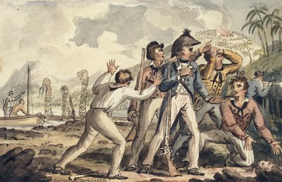 Kapten Burney upptäcker sina mördade skeppskamrater", från Captain Cooks resor av Isaac Robert Cruikshank