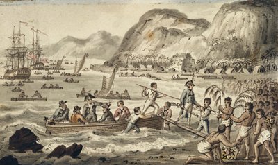 Captain Cook landar i Owyhee, illustration från "The Voyages of Captain Cook" av Isaac Robert Cruikshank