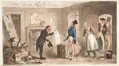 College Comforts, A Freshman som tar sina rum i besittning, från The English Spy, pub. 1824 (handfärgad gravyr) av Isaac Robert Cruikshank