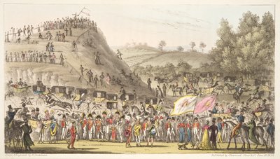 Eton Montem, och berget, Salt Hill, från The English Spy, pub. 1824 (handfärgad gravyr) av Isaac Robert Cruikshank