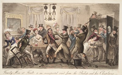 Family Men at Fault, eller ett oväntat besök från The Bishop and his Chaplains, från The English Spy, pub. 1824 (handfärgad gravyr) av Isaac Robert Cruikshank