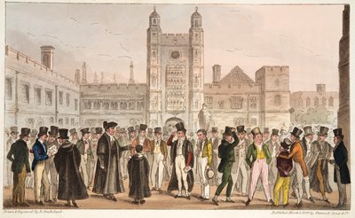 First Absence, eller Etonians Answering Morning Master Roll, från The English Spy publicerad 1824 (handfärgad gravyr) av Isaac Robert Cruikshank