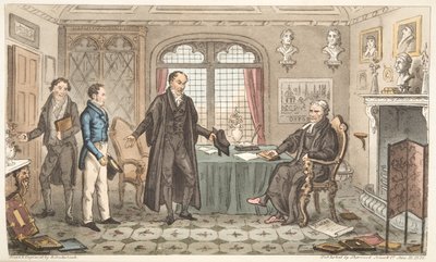 First Bow to Alma Mater, eller Bernard Blackmantles introduktion till Big Wig, från The English Spy, publicerad London, 1824 (handfärgad gravyr) av Isaac Robert Cruikshank